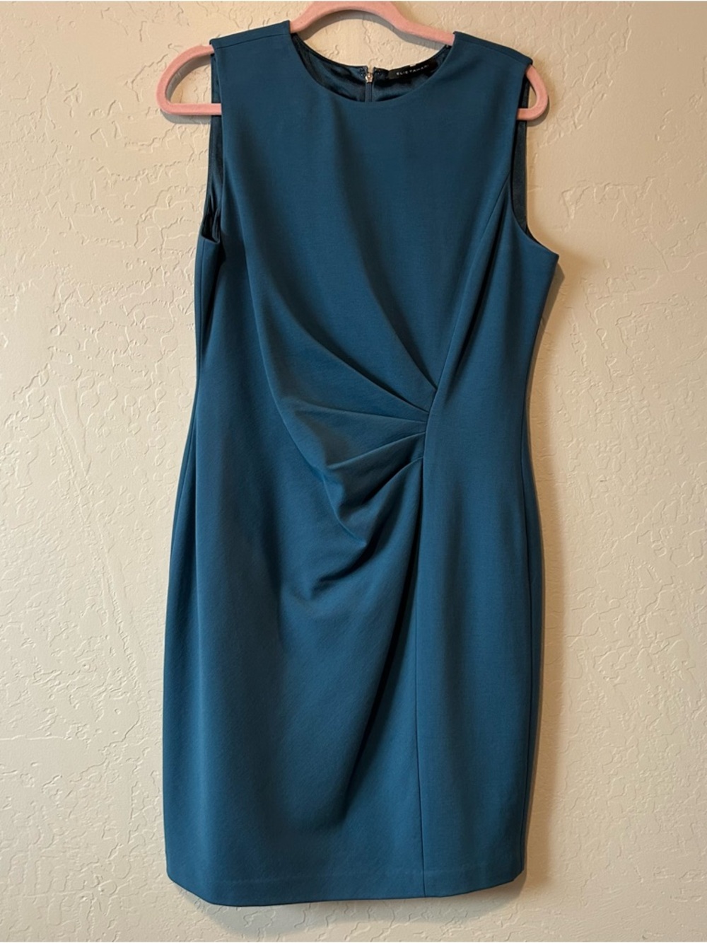 Elie Tahari Sleeveless Teal Sheath Dress with Front Drape Size 12
